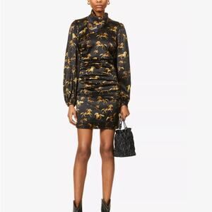 NWT GANNI Black Horses Print Stretch Silk Ruched Mini Dress Size 6 38